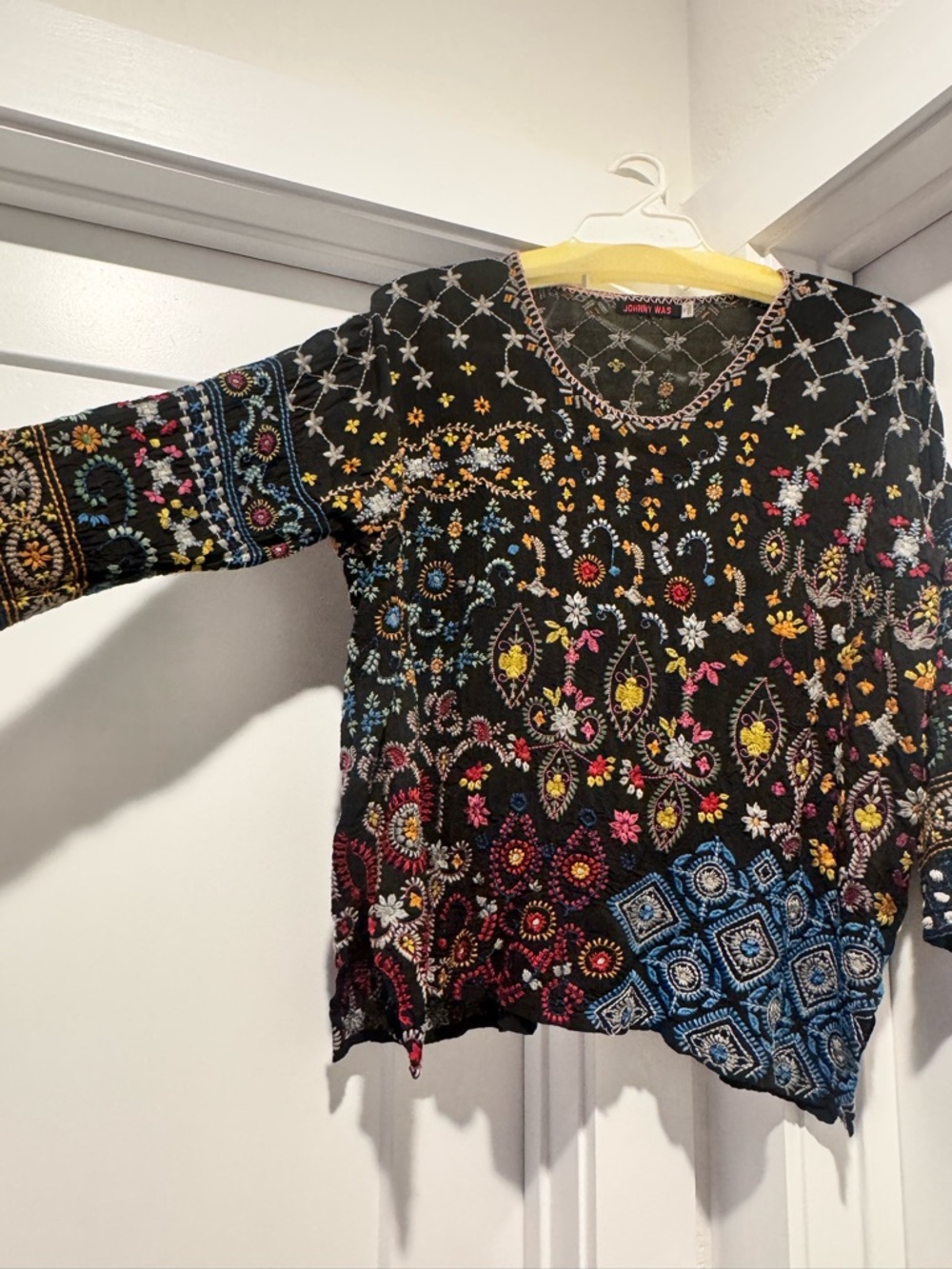 Johnny Was Embroidered Black Boho Top with Multicolor Floral Motifs